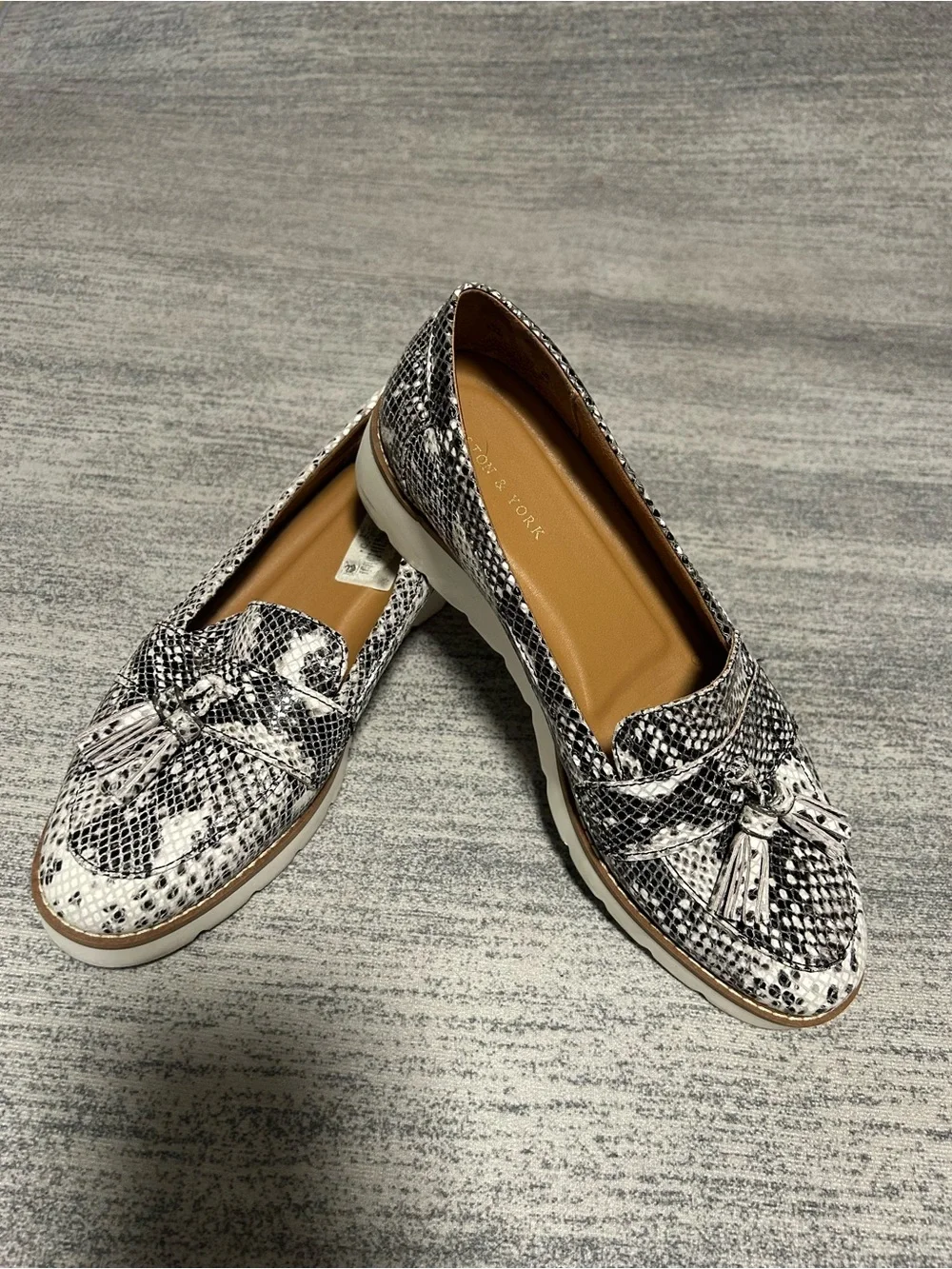 Preston & York Black and White Snake-Print Tassel Loafers